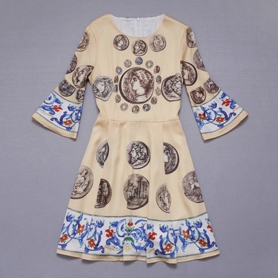 【2014深圳精品女裝古典巴洛克風(fēng)格印花絲綢圓領(lǐng)收腰真絲連衣裙批發(fā)】?jī)r(jià)格,廠家,圖片,連衣裙,深圳市寶安區(qū)沙井歐秀服飾批發(fā)商行-